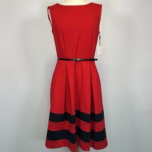 Calvin Klein Dress Fit Flare Cocktail Pleated Belted Red Black Women’s 6 NWT